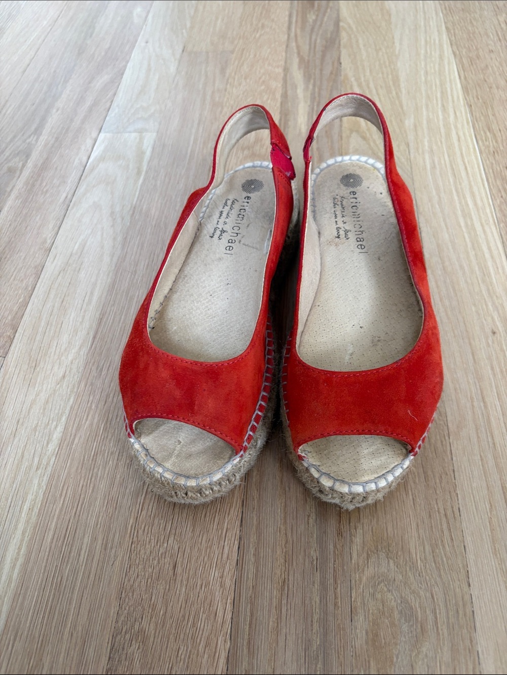 Eric Michael Red Suede Peep-Toe Espadrille Wedges